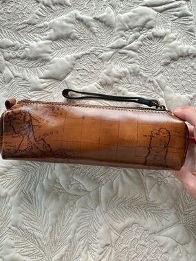 Patricia Nash Brown Leather Travel Toiletry Pouch with Map Print